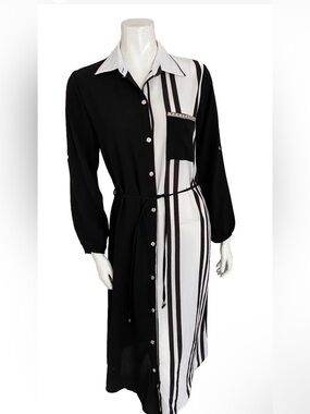 Be.You.Tiful Striped Black White Rhinestone Midi Shirt Dress Be You Tiful Small